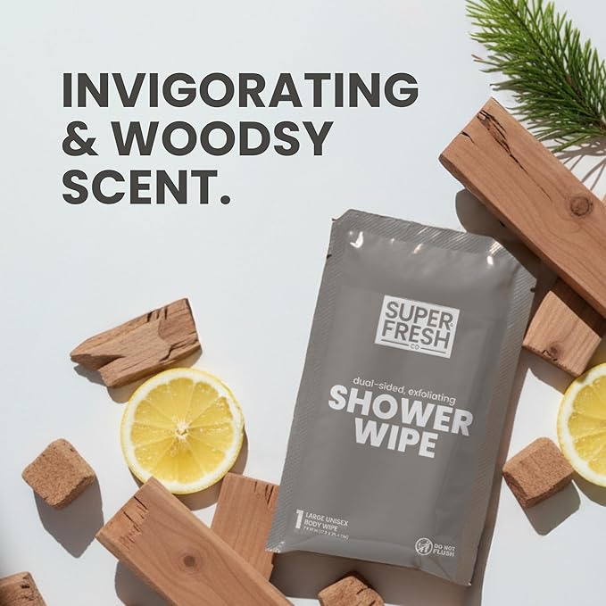 Super Fresh Shower Wipes Large Sandalwood Body Wipes for No Rinse Bathing Personal Hygiene Gym Travel or Camping Enriched with Aloe and Vitamin E 20 Individually Wrapped Disposable Sheets
