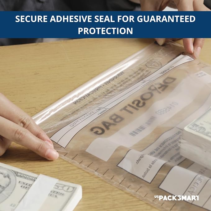 Clear Plastic Deposit Bags 10"x13" | Secure Bank Deposits, Cash Handling or Safe Currency Transportation | Sequential Barcodes | Tamper-Evident | Tear-Off Receipt for Security | 100-Pack