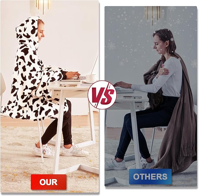 JOYWOO Cow Wearable Blanket Hoodie,Oversized Cat Lovers Sweatshirt Blanket for Adult,Christmas Gifts for Women,Mom,Girlfriend,Cozy Sherpa Hooded Blanket with Giant Pocket and Winter Gifts,Cow Print