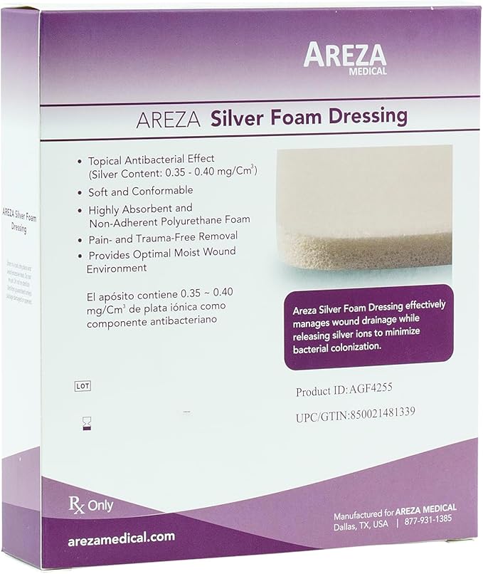 Areza Medical - Silver Foam Wound Dressing Pad - Sterile - 4.25" X 4.25" (10.8 cm X 10.8 cm) - 5 PCS per Box