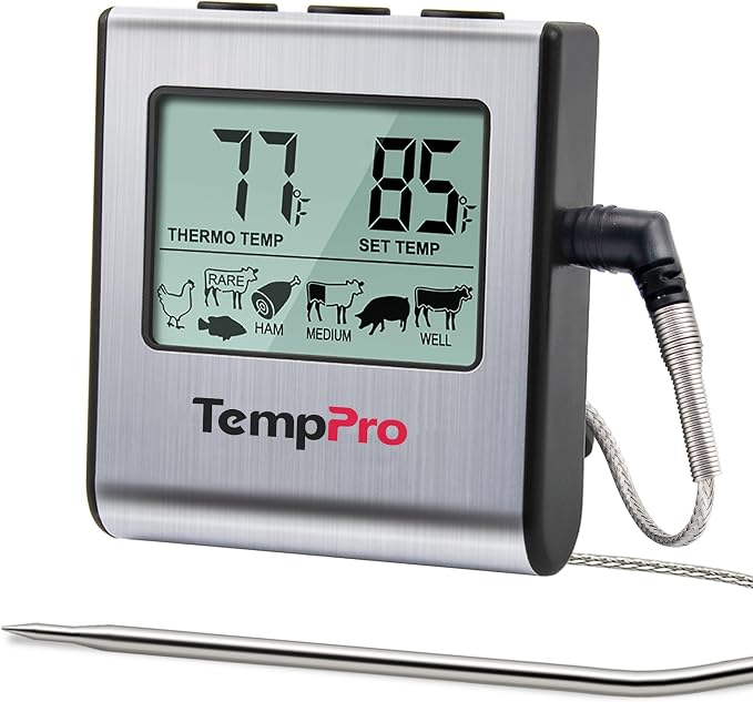 TempPro TempTrack Large LCD Digital Meat Thermometer for Cooking | Kitchen Food Thermometer With Clock Timer, Stainless Steel Temperature Probe for Oven Smoker BBQ Grill(Previously ThermoPro)