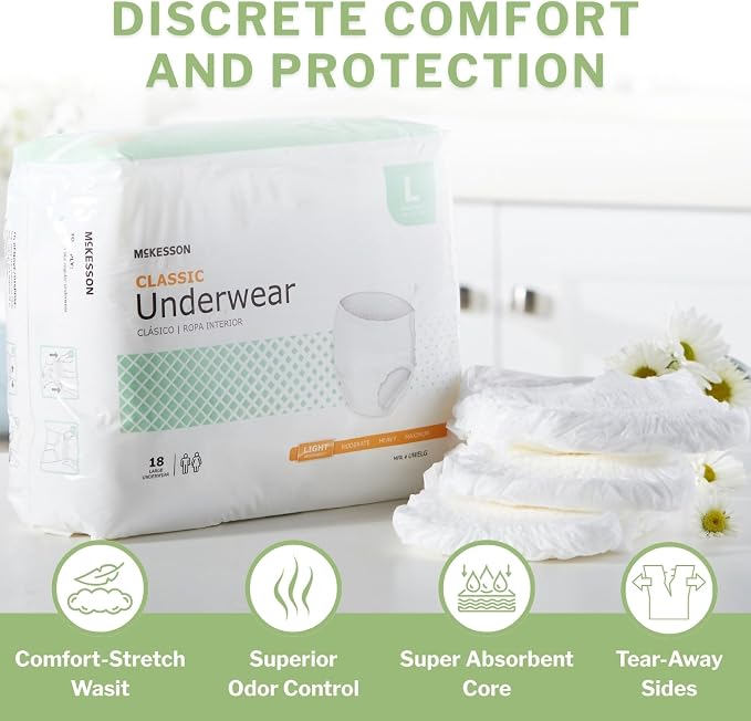 McKesson Classic Adult Incontinence Underwear, [18 Count], Light Absorbency, Large, 44-58 in. Unisex Bladder Leak Protection, Pull-On Style with Tear-Away Sides, Postpartum and Incontinence Support