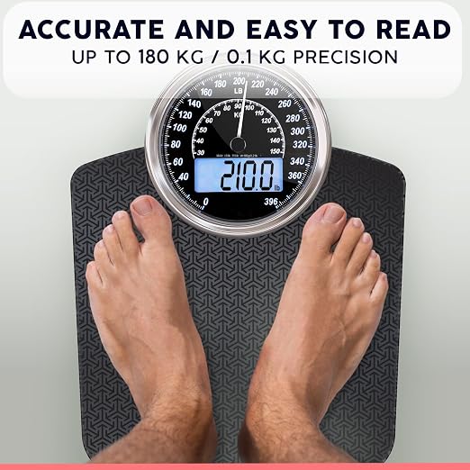 Hybrid Bathroom Scale - Analog & Digital Display, Accurate to 400 lbs | See weight on both an analog dial and digital LCD at once. Wide glass platform, accurate to 0.2 lbs, batteries included.