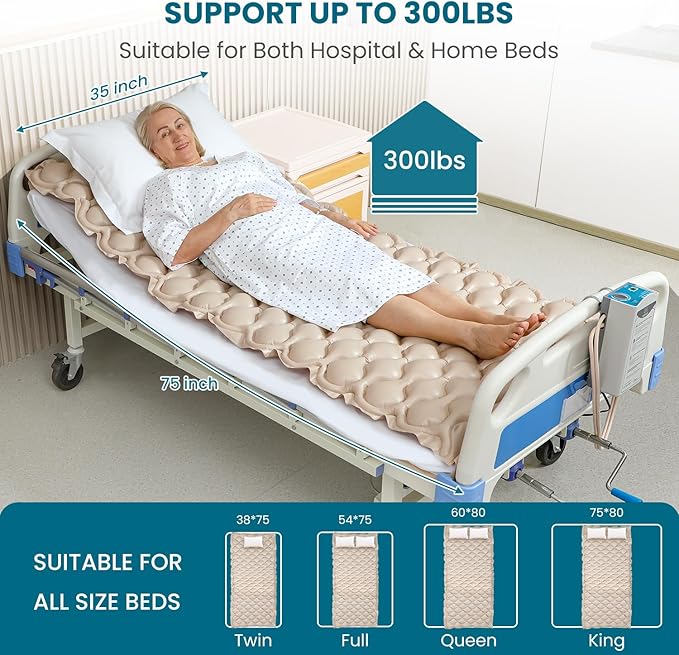 Kekoy Alternating Air Pressure Mattress Pad, Bed Sore Prevention, Hospital Bed Mattress Topper with Whisper Quiet Pump & Waterproof Heat Resistant Ulcer Cushion Pad for Home Use 75" x 35"-Beige