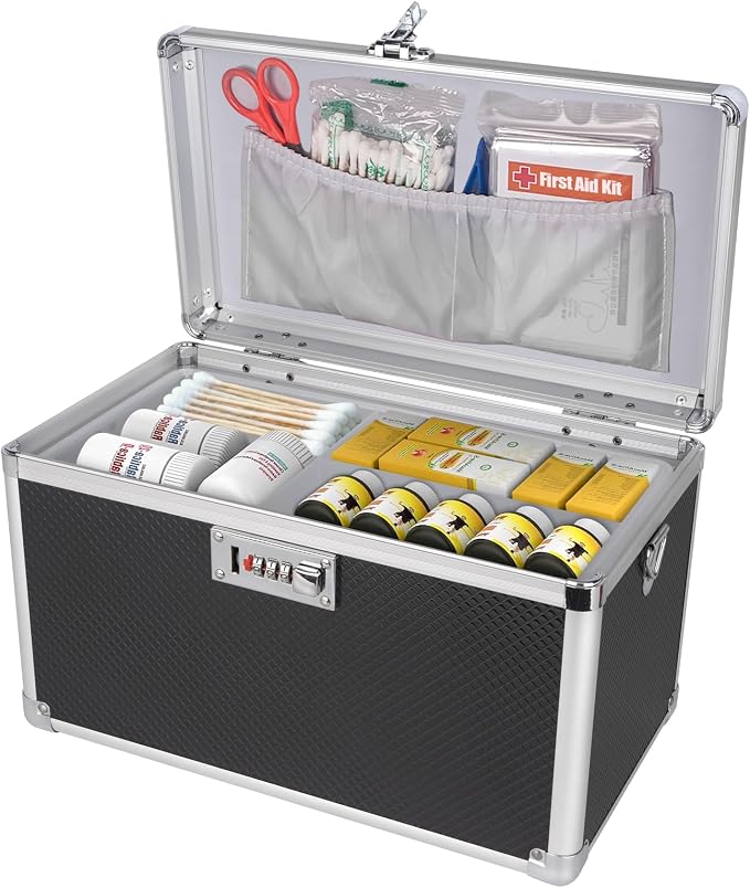 Medicine Box with Combination Lock - 10"x6"x6.7" First Aid Safe Medication Storage Case, Personal Items Safe Case for Hospital & Home & Outdoor 【Black】