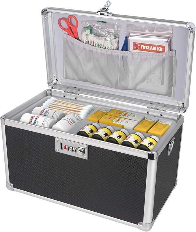 Medicine Box with Combination Lock - 13.4"x7.6"x8.2" First Aid Safe Medication Storage Case, Personal Items Safe Case for Hospital & Home & Outdoor 【Black】