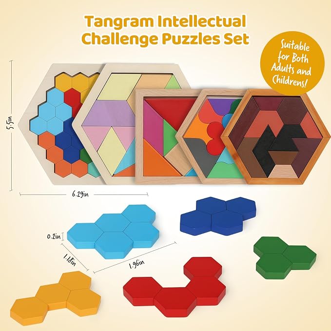 5 Pack Wooden Brain Teaser Puzzles Sets for Kids,Montessori Brain Blocks Logic Tangram Geometric Shapes Puzzle Matching Games Easter Basket Stuffers Gifts for All Ages Boys Girls