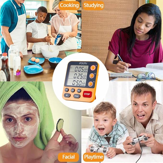 FCXJTU Digital Dual Triple Kitchen Timer, 3 Channels Magnetic Countdown Stopwatch Timer for Cooking, Loud Alarm Large Display Multi Food Memory Timer for Seniors & Teachers Battery Included (Blue)