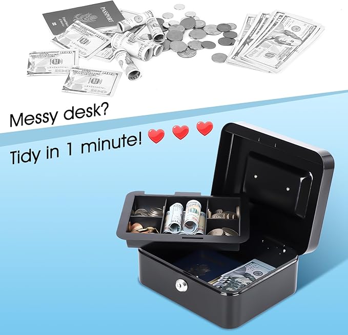 KYODOLED Metal Cash Box with Key Lock & Money Tray - Secure Safe for Home, Office & Events, Ideal for Cash, Meds & Small Items, 7.87" x 6.30" x 3.35", Black, 2 Pack
