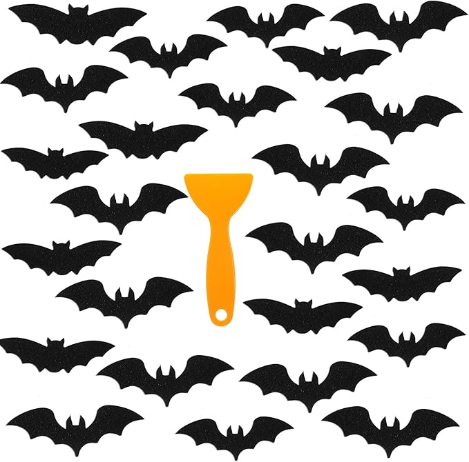 24 Pcs Non Slip Black Bat Bathtub Stickers for Kids Halloween Horror Bath Treads Adhesive Anti Slip Shower Decal Threads with Scraper for Kid Toddler Bath Tub and Shower Floor Bathroom Decor