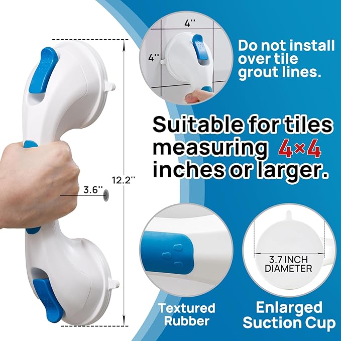 LEVERLOC Shower Grab Bar, 12 Inch Suction Grab Bars for Bathtubs, Shower Handle Handrail for Seniors Bathroom Safety Grip for Elderly, Heavy Duty No Drilling Removable,Blue