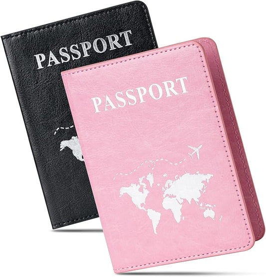 2 Pcs Passport Holders，Ultra Slim Passport Wallet for Travel Essentials | PU Leather Passport Cover for Women and Men (Black & Pink)