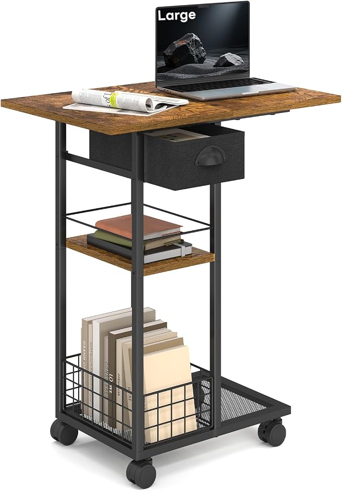 Large C Shaped End Table, Tray Table with Wheels, Drawer and Storage Basket | Large 23.6 x 15.7-Inch Top: 360°wheel rotation, 3-Tier storage with drawer and wheels or adjustable feet.