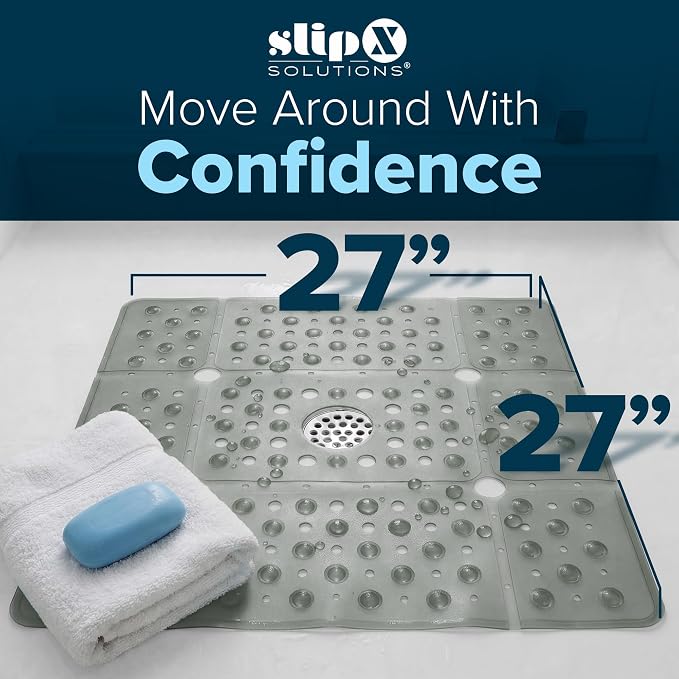 SlipX Solutions 27" Oversize Square Shower Mat, Non-Slip Mat for Elderly & Kids, 100+ Power Grip Suction Cups for Smooth Surfaces, Machine Washable, Translucent Gray