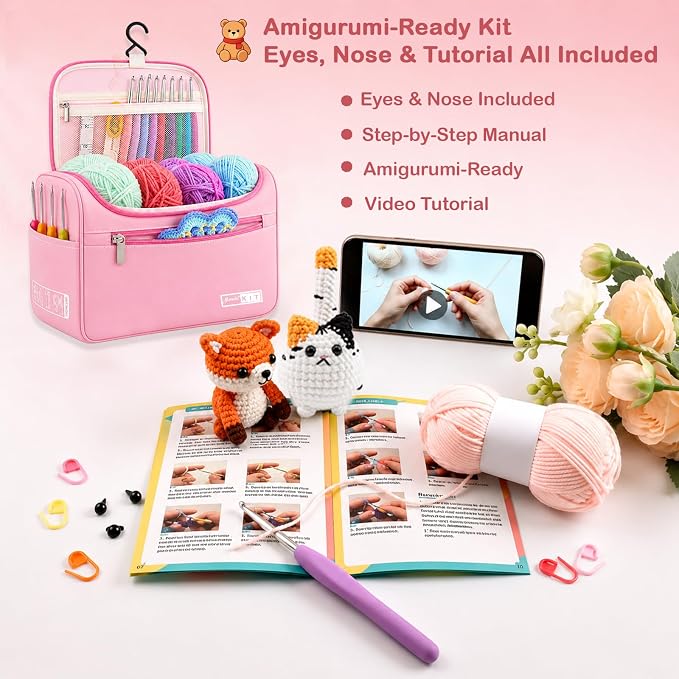 Yarniss Complete Crochet Kit for Beginner Adults, All in One Crochet Kit with 1120 Yards Yarn, 12 Ergonomic Crochet Hooks, Step by Step Video Tutorial, Pink