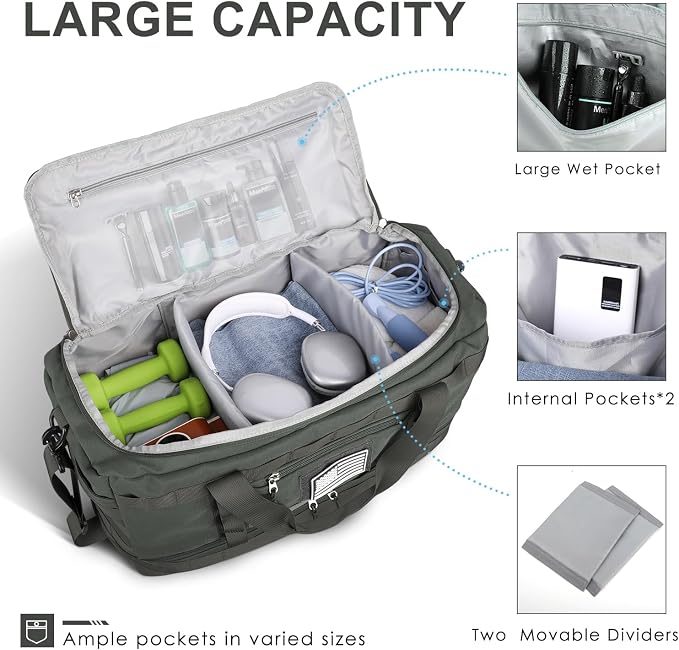 Gym Bag for Men Women, Carry on Luggage 22x14x9 Airline Approved Duffle Bag | Tactical Travel Bags with Toiletry Bag and Shoe Compartment, Weekender Overnight Duffel with Wet Pocket for Workout, Gray