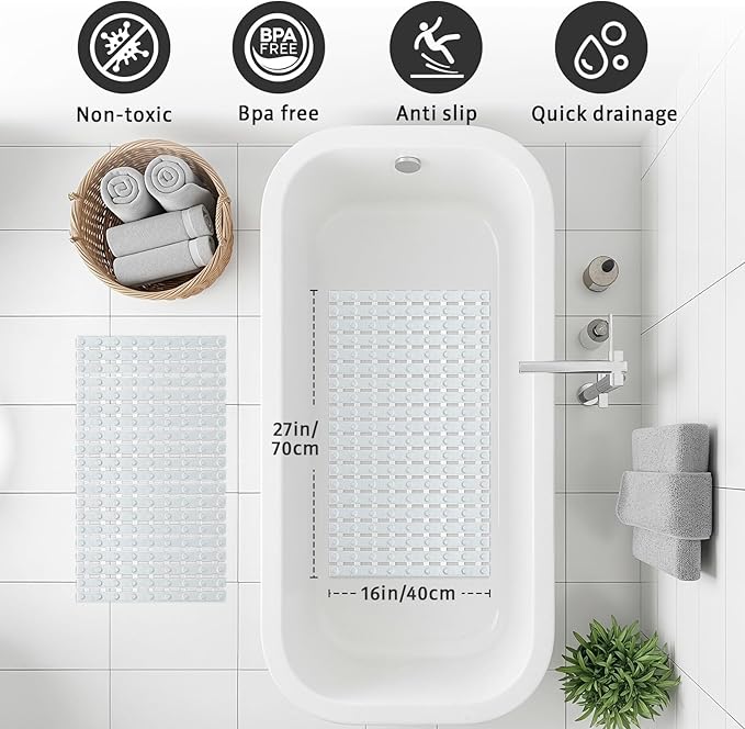 XIYUNTE Shower Mat Non Slip Bath Mat for Tub - 27 X 16 Inch PVC Bathtub Mat Non Slip Shower Mats for Inside Shower, Bath Tub Mat with Powerful Suction Cup, Easy to Cut and Dry, Clear