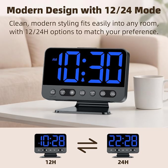 AuroraCalm Digital Alarm Clock with Large Numbers for Bedrooms: Bold Display Readable Across The Room with 5 Level Brightness - 5 Alarm Sounds 8 Night Lights for Kids Seniors Teens - Blue