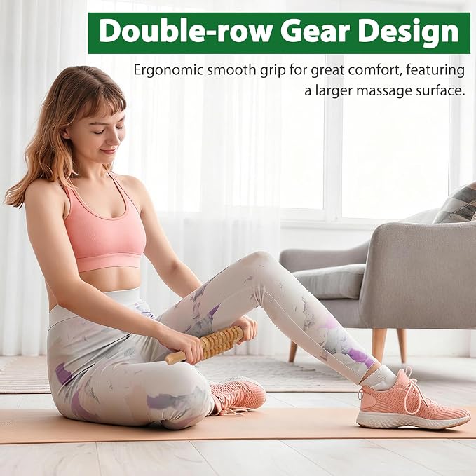 Liitrton Wooden Massage Roller for Legs, Double Row Massage Roller Stick | Smooth Body Roller, Wood Therapy Massage Tools for Trigger Points Relief, Sore Muscle Recovery
