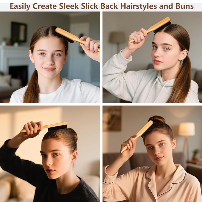 SWEET VIEW Boar Bristle Slick Back Hair Brush | Smooth Flyaways, Frizz, Sleek Ponytail, Buns and Edge Baby Hair, Gel Comb Styling Accessories for Girls, Kids and Women