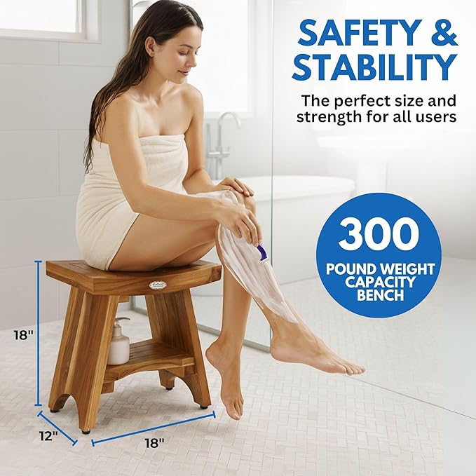 EcoDecors Teak Shower Bench with Shelf 18", 300 lb Capacity – Fully Assembled Waterproof Wood Spa Seating for Adults - Compact Fit for Small Bathrooms & Walk-in Showers - Slip-Resistant Feet