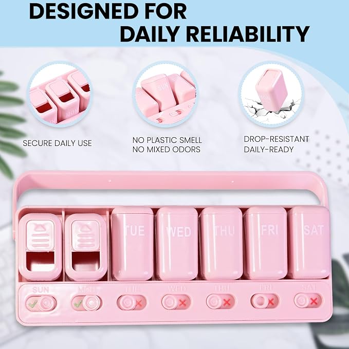 Weekly Pill Organizer with Taken/Untaken Tracker, 7 Day Daily Pill Box for Vitamins Medication Supplements, Large Compartments, Easy Open Leak-Proof Portable Travel Pill Container, BPA Free,Pink