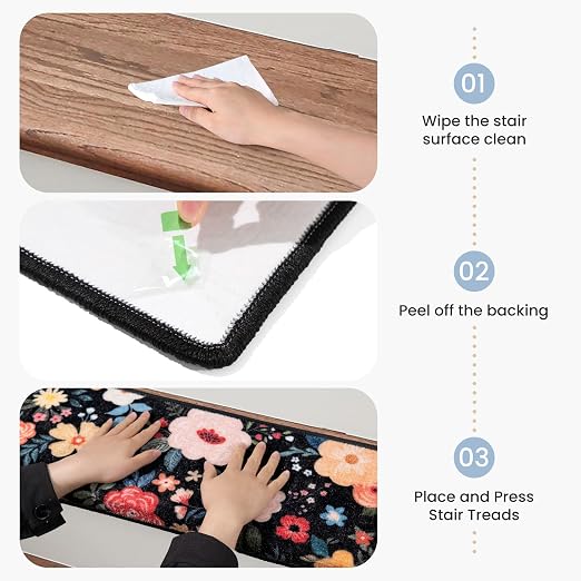 RORA Bullnose Stair Treads for Wooden Steps, Non Slip Stair Carpet 2pcs | Washable, Self-Adhesive, Floral Stair Rug Runner with Edge Protection for Indoor, Pets & Elder, 29.5 x 9.5x 1.7, Black