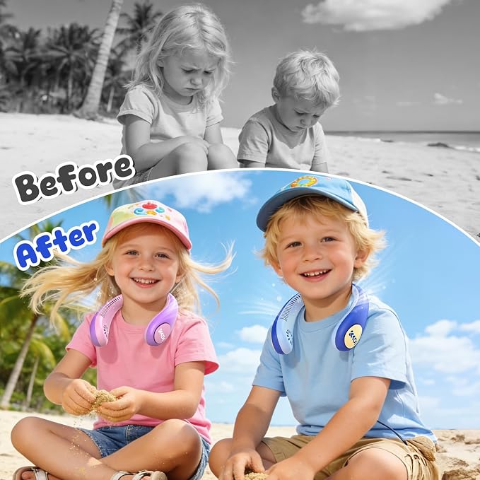 Kids Portable Neck Fan, Bladeless Fan for Kids, Safe Kids Rechargeable Cooling Fan for 4-14Y Boys Girls, 2600mAh Personal Fans for Your Neck, 4 Speeds & Lightweight, Summer Essentials Gifts for Kids