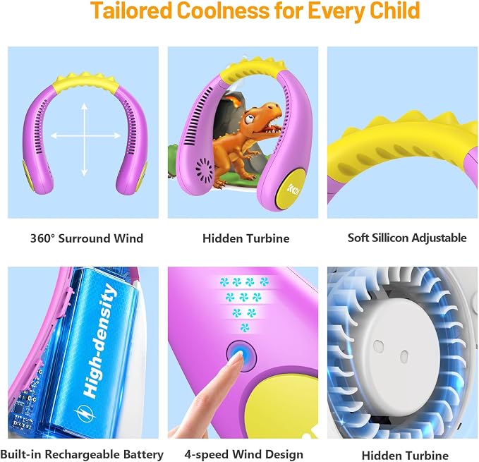 Kids Neck Fan, Portable Bladeless Fans for Kid 4-14Y Girls & Boys, 2600mAh USB Personal Mini Cooling Fan for Travel/Camping/Study, 4 Speeds, Lightweight, Compact, Perfect Summer Gifts for Kids