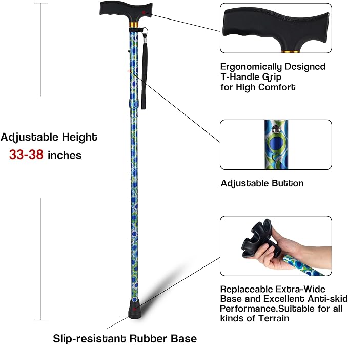 Walking Cane LIXIANG Cane for Man/Woman | Mobility & Daily Living Aids | 5-Level Height Adjustable Walking Stick | Comfortable Plastic T-Handle Portable Walking Stick Folding Cane