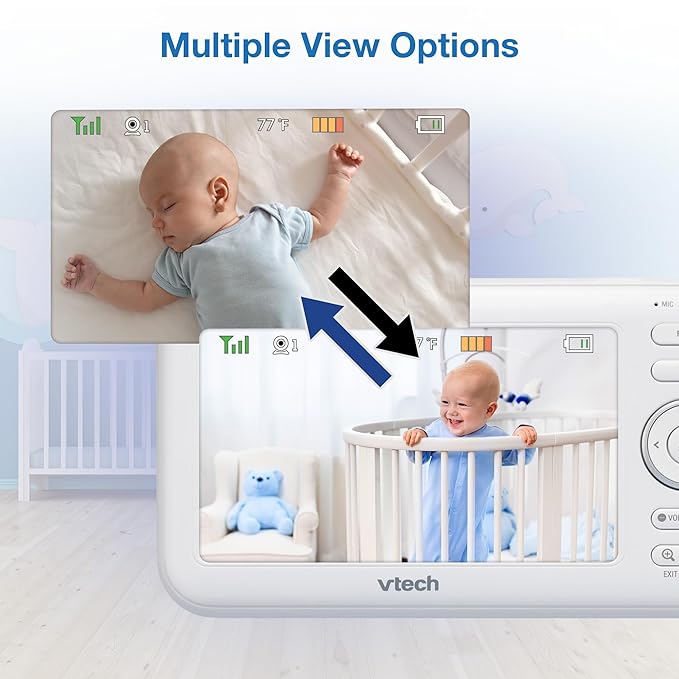 VTech VM5463-2 Baby Monitor 5" Screen with 2 Cameras, Pan-Tilt- Zoom, Night Light, Glow On The Ceiling Projector, Two-Way Talk, Secure Transmission No WiFi