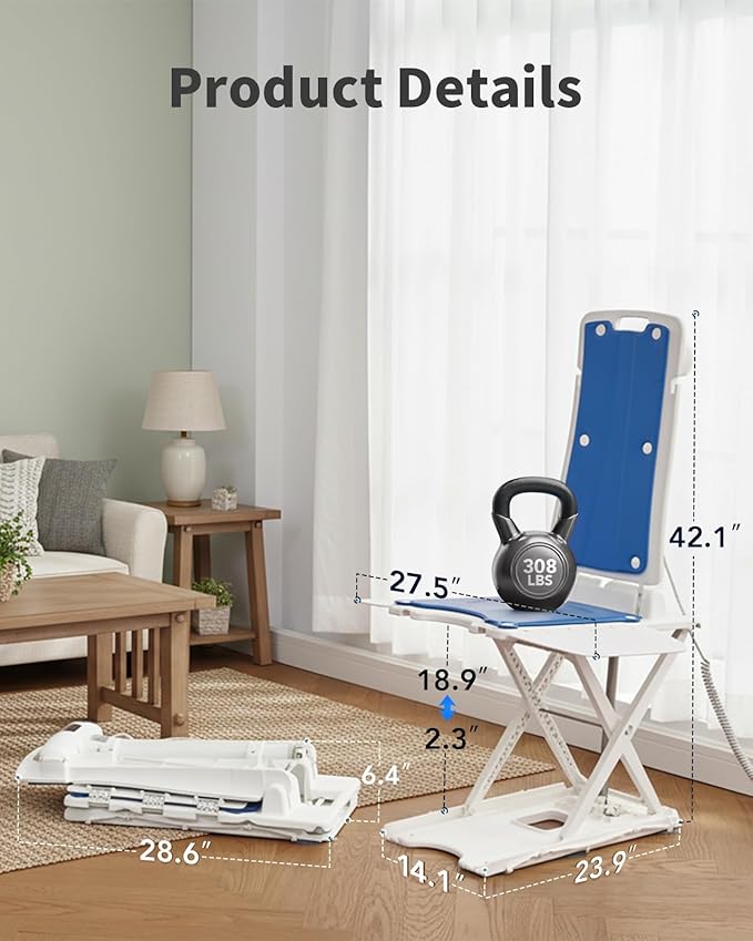 PERLECARE Electric Chair Lift – 308 lbs Floor Lift for Elderly Falls, IP68 Waterproof Bath Lift for Tub, Foldable & Wireless Rechargeable Design, Remote Control, for Fall Recovery & Home Care
