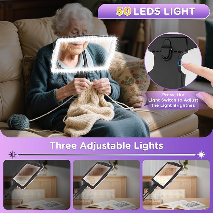 Large 10X Rechargeable Magnifying Glass for Reading with Light Hands Free Magnifying Glass Neck Wear Magnifier with 50 Led Lights Full Book Page Magnifier for Seniors Low Vision Elderly