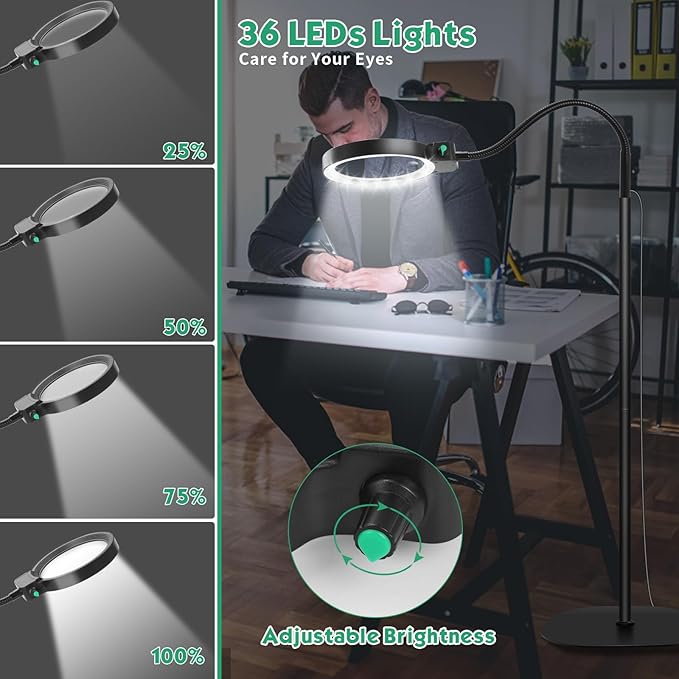 10X 30X Floor Magnifying Glass with Light and Stand,36 LED Flexible Gooseneck Magnifying Lamp, Adjustable Brightness Large Lighted Magnifiers for Reading,Sewing,Crafts,Painting,DIY,Close Work