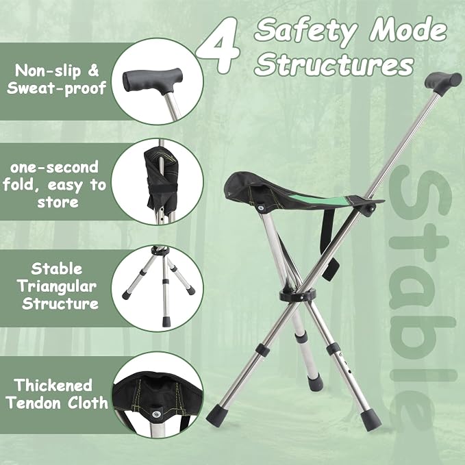 King Mills Lightweight Portable Stools for Adults Heavy Duty, Adjustable Walking Chair for Adults, Anti-Slip Cane Seat Walking Stick Folding Seat 250 Lbs Above Ideal for Camping & Hiking