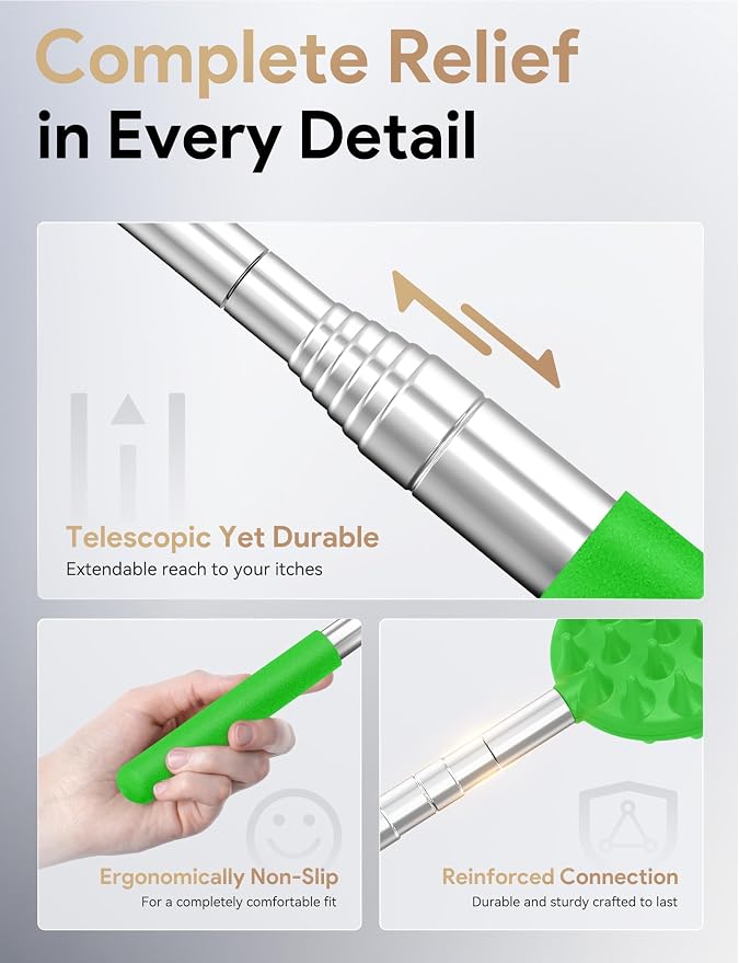 Telescoping Back Scratcher with 5 Detachable Heads, Gift for Men Green | 10-30" Reach, Stainless Steel Pole, Rubber Grip, Christmas Stocking Stuffers, White Elephant, Anniversary and Birthday Gift
