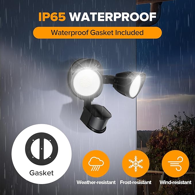UME LED Security Light Motion Sensor Outdoor Lights, 27W 3500LM, 5000K, IP65 Waterproof, Dusk to Dawn, 2 Head Motion Detector Flood Light for Outside, Garage, Yard (Black)