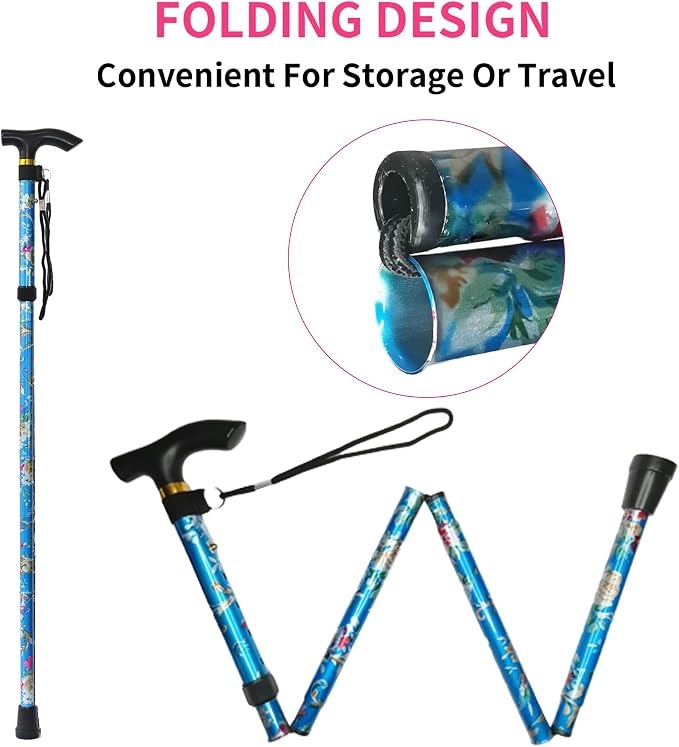 Folding Canes for Men and Women, Floral | 5-Level Adjustable Height, Lightweight Collapsible, Aluminum, Wrist Strap, T Handle, Walking Sticks for Seniors Adults