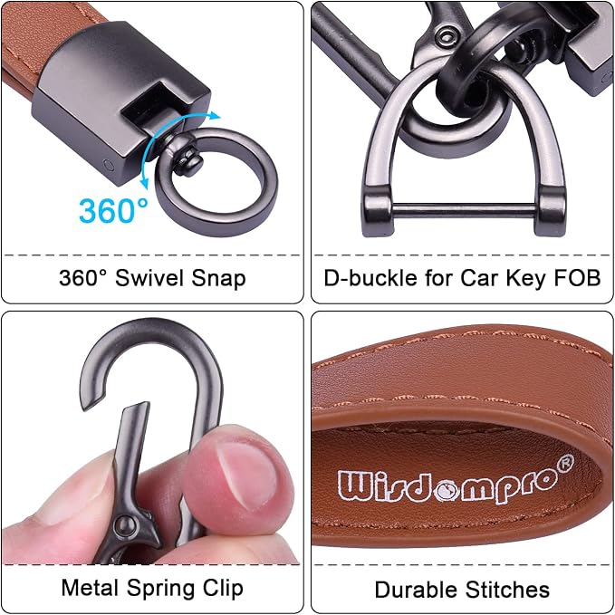Wisdompro Genuine Leather Car Keychain, Universal Key Fob Keychain | Leather Car FOB Key Chain Holder for Men and Women, 360 Degree Rotatable, with Anti-lost D-ring and 3 Keyrings