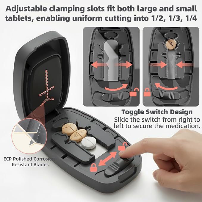 Pill Cutter Splitter with Adjustable Slot, 1/2 1/3 1/4 Even Splitting for Small Large Pills, Oval Long Tablets & Vitamins, Dual Fixing Clips, Multi-Pill Cutting, Hidden Sharp Blade (Black)