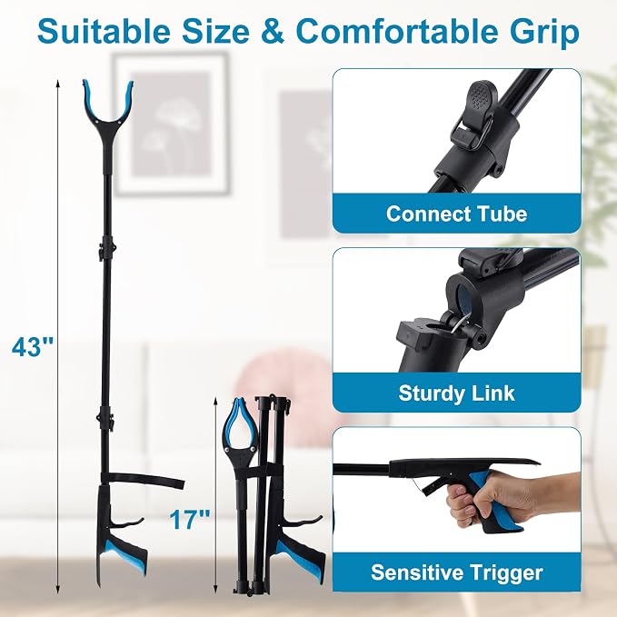 Grabber Reacher Tool 43" Foldable Pickup Tool with 360° Anti-Slip Rotating Jaw and Magnets, 4" Wide Claw Opening Trash Picker Tool for Seniors and Disabled 1-Pack