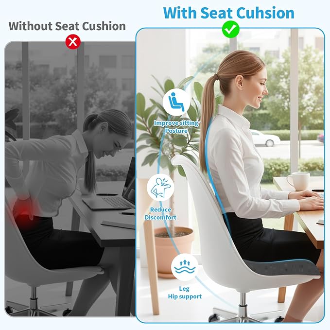 TranquilRelax XL Memory Foam Seat Cushion for Office Chair, 3.35-Inch, Gray | Medium-firm Support for Long Sitting, Washable Mesh Cover, Non-slip Base, Perfect for Car Seats & Short Drivers