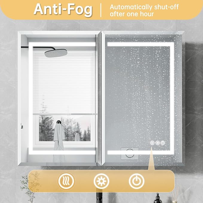 36"X30" Bathroom Medicine Cabinet with Mirror, LED Lighted Medicine Cabinet with Anti-Fog, 3 Colors Temperature Stepless Dimmable, Metal Cabinet for Storage and Mordern Decor, Black