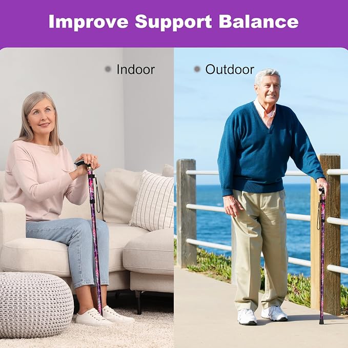 MFE Folding Cane, Portable 5-Level Adjustable Height Walking Stick with Foldable Design, Wrist Strap, and T Handle for Men and Women