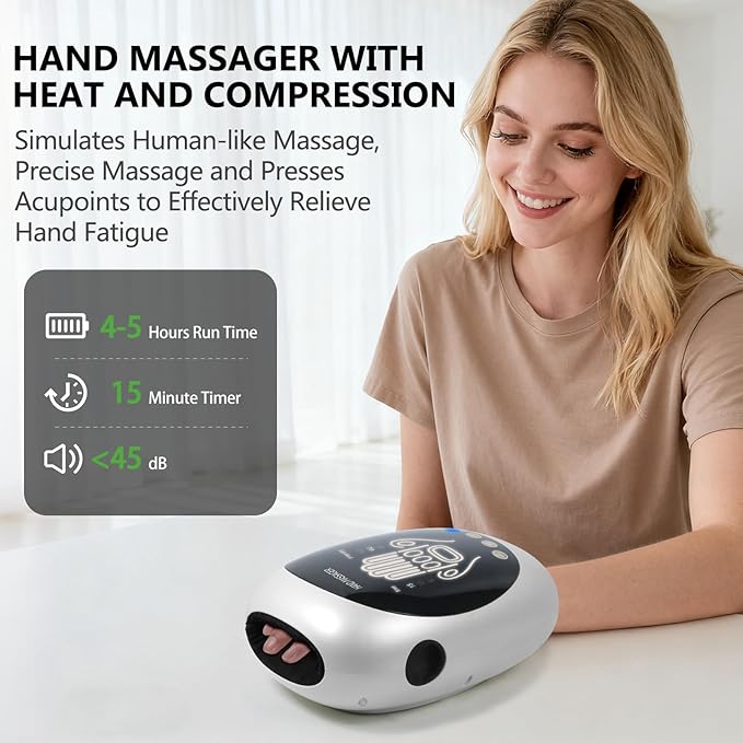 Hand Massager with Heat and Compression for Arthritis Pain Relief, with 5-Finger Individual Therapy, Fits All Hand Sizes,Rechargeable & Portable (White)