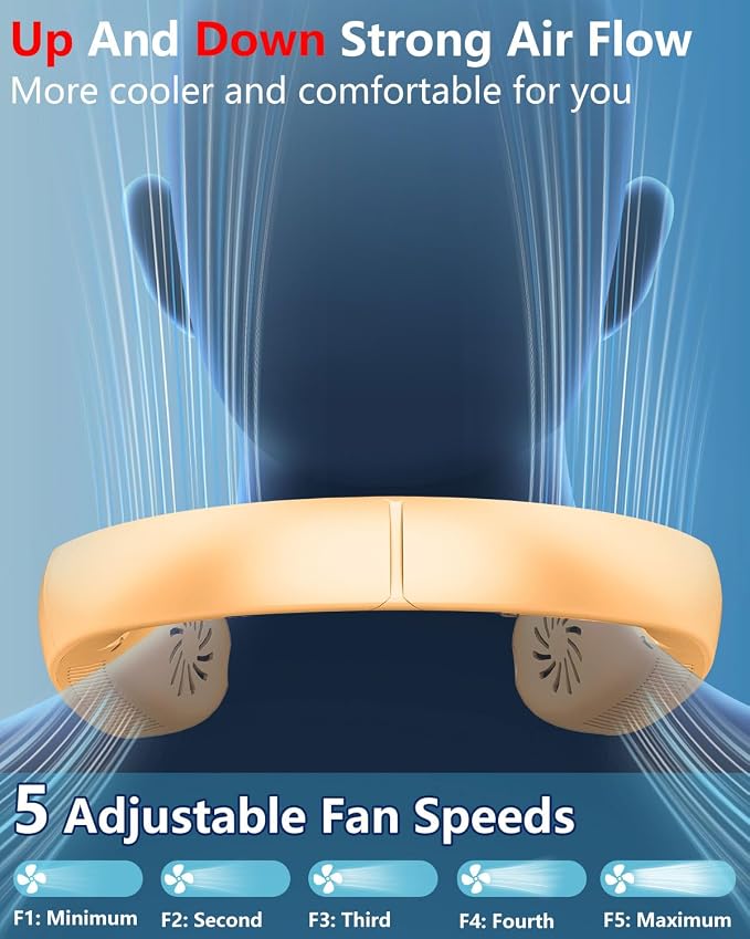 Neck Fan that Blow Cold Air with Mist Spray, Rechargeable with Long Battery Powered, Foldable Water Cooler with LED Display, Leafless Necklace Fans for Women Adult Hot Flashes Summer Outdoor, Apricot