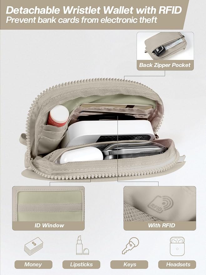 Tiostep Clip and Go Strap for Phone with Wallet Crossbody Phone Lanyard Adjustable and Detachable RFID Wristlet Wallet (Khaki, Medium)