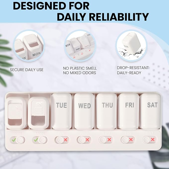 Weekly Pill Organizer with Taken/Untaken Tracker, 7 Day Daily Pill Box for Vitamins Medication Supplements, Large Compartments, Easy Open Leak-Proof Portable Travel Pill Container, BPA Free,White