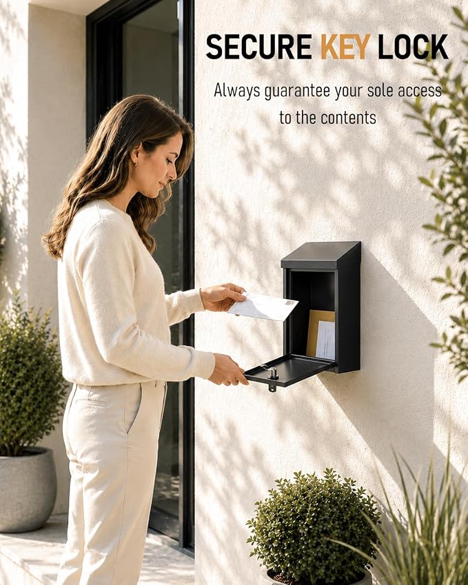 Uniclife Black Metal Donation Box, Wall Mounted Mailbox for Outside | Safe Suggestion Box with Key Lock, Steel Key Drop Box with Top Slot, Cash Box for Home Office and Business
