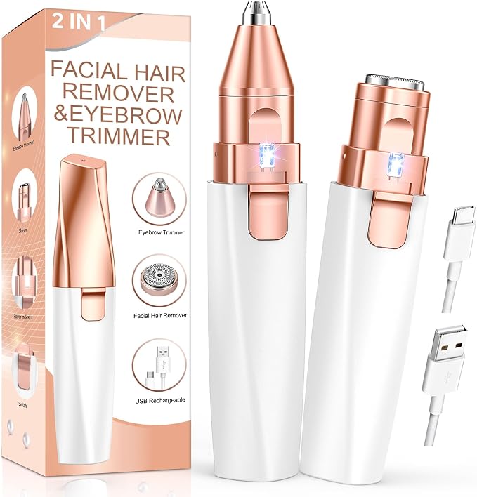 Eyebrow Trimmer Facial Hair Removal for Women: 2 in1 Rechargeable Face Shaver with LED Light, Painless Electric Eyebrow Razor for Eyebrows, Upper Lip, Chin, Peach Fuzz & Fine Facial Hair